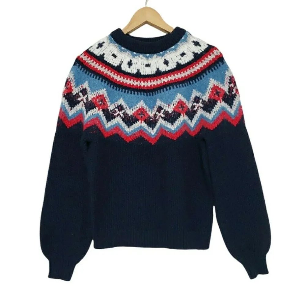 J. Crew Zigzag Fair Isle Sweater Wool Blend Navy Blue in Small